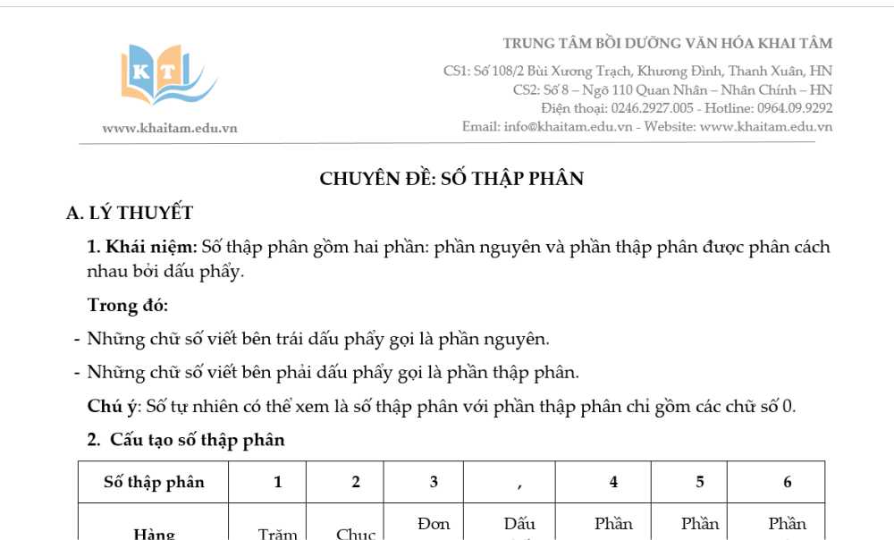 Toán 5: Tài liệu nâng cao và Phát triển. Chuyên đề số Thập phân
